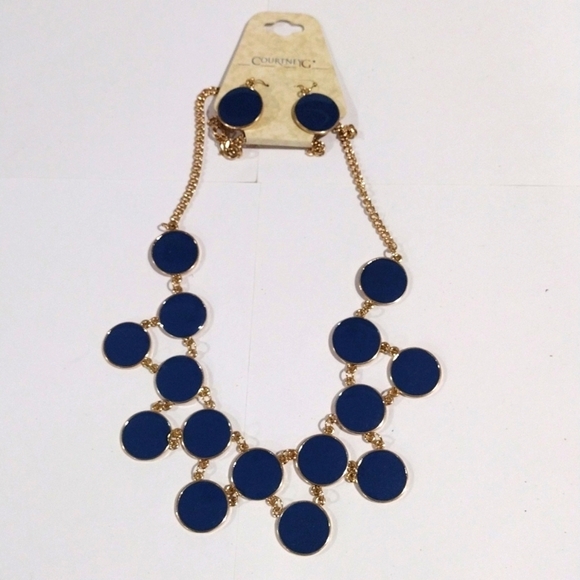 Blue Disc Statement Necklace Set – Gold Chain w/ Matching Drop Earrings Jewelry - Picture 5 of 12